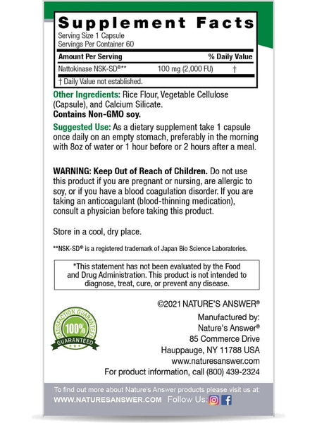 Nature's Answer, Nattokinase, 100 mg (2000 FU), 60 Vegetarian Capsules