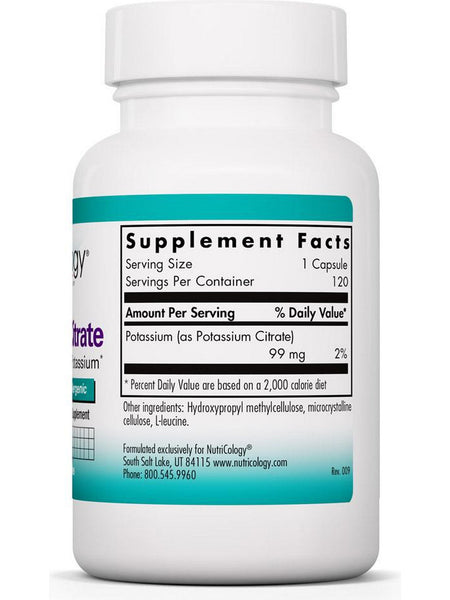 NutriCology, Potassium Citrate Pure, Well-Absorbed Potassium, 120 Vegetarian Capsules