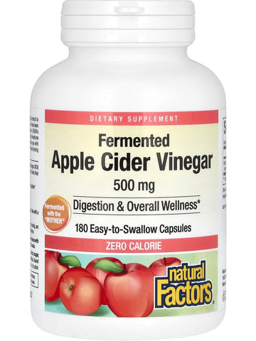 Natural Factors, Fermented Apple Cider Vinegar, 500 mg, 180 Easy to Swallow Capsules