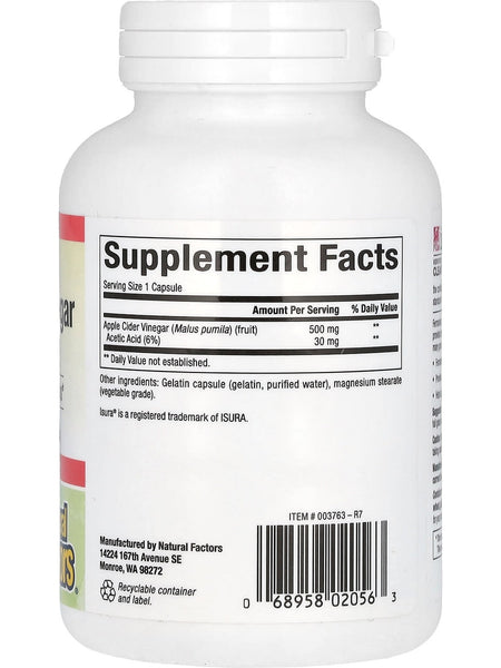 Natural Factors, Fermented Apple Cider Vinegar, 500 mg, 180 Easy to Swallow Capsules