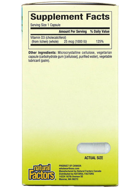 Natural Factors, Whole Earth & Sea, Vitamin D3 1000 IU (25 mcg), 90 Vegetarian Capsules