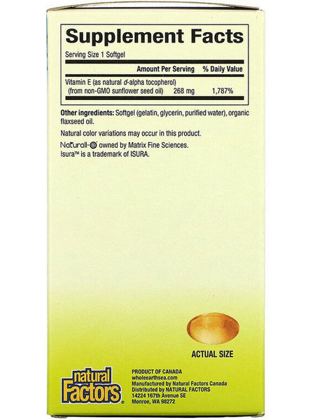 Natural Factors, Whole Earth & Sea, Sunflower Vitamin E 400 IU, 90 Softgels