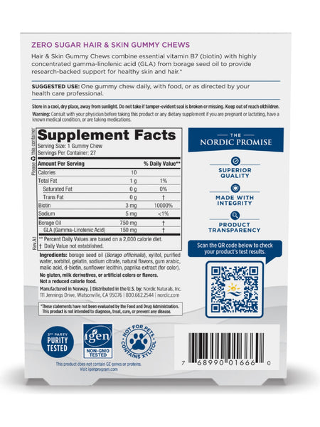 Nordic Naturals, Zero Sugar Hair & Skin Gummies, 27 Gummy Chews
