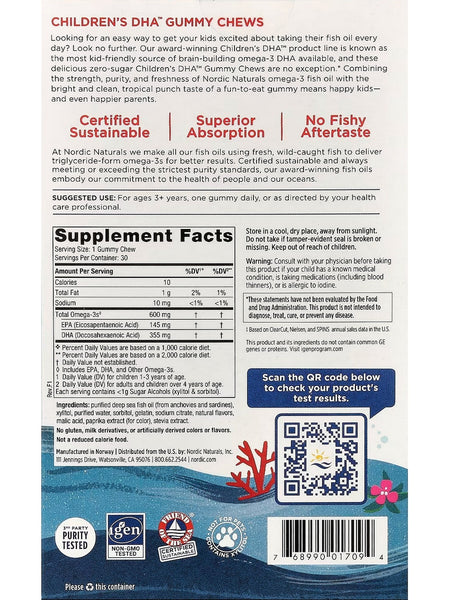 Nordic Naturals, Children's DHA, Zero Sugar, Ages 3+, Tropical Punch, 30 Gummy Chews
