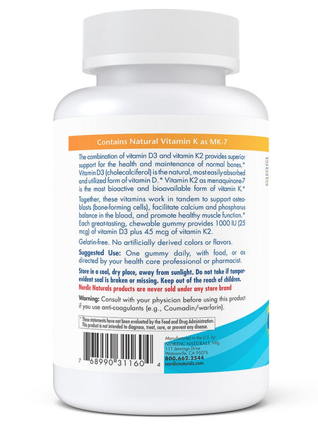 Nordic Naturals, Vitamin D3+K2 Gummies, Pomegranate, 60 Gummies