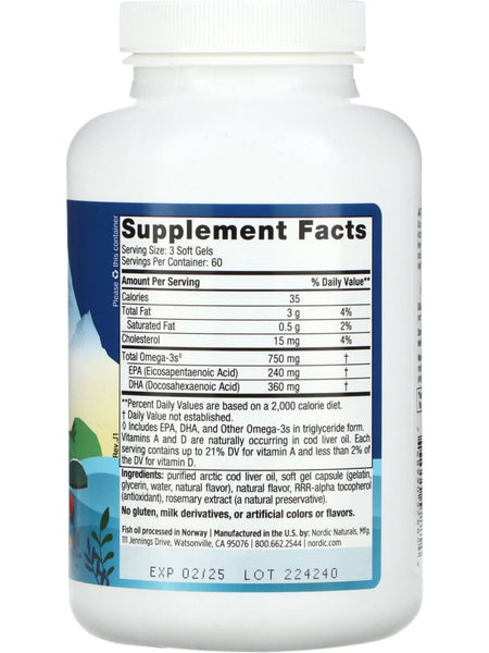 Nordic Naturals, Arctic Cod Liver Oil, Lemon, 180 Soft Gels