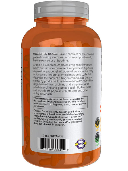 NOW Foods, Arginine & Ornithine 500 mg/250 mg, 250 veg capsules