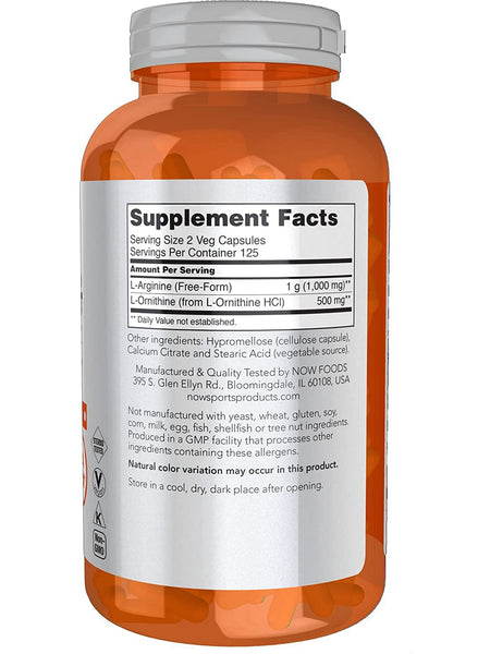 NOW Foods, Arginine & Ornithine 500 mg/250 mg, 250 veg capsules