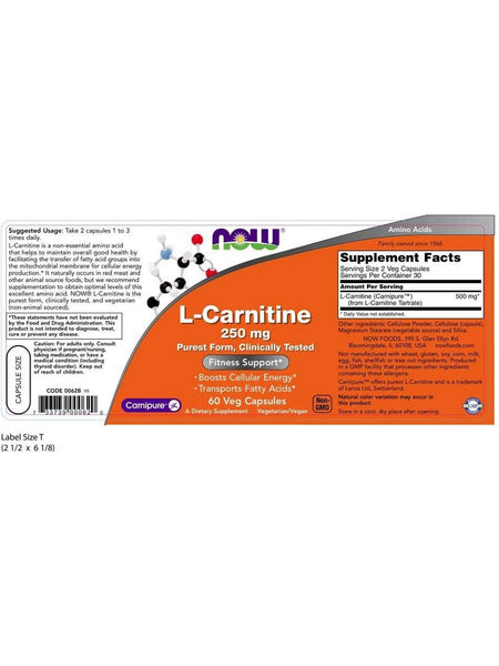NOW Foods, L-Carnitine 250 mg, 60 veg capsules