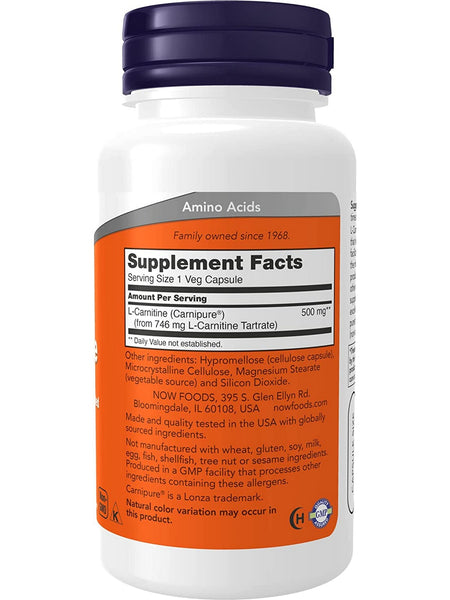 NOW Foods, L-Carnitine 500 mg, 60 veg capsules