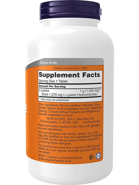 NOW Foods, L-Lysine, Double Strength 1000 mg, 250 tablets