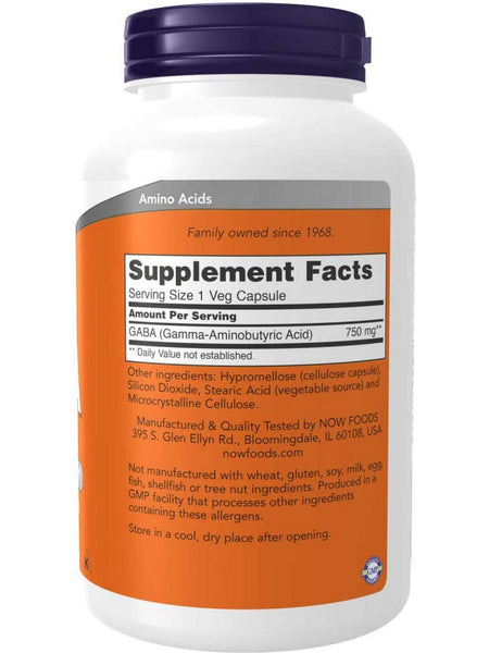 NOW Foods, GABA 750 mg, 200 veg capsules