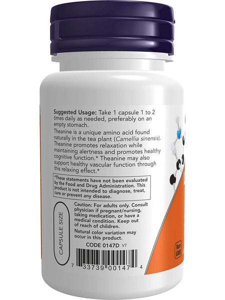NOW Foods, L-Theanine, Double Strength 200 mg, 60 veg capsules