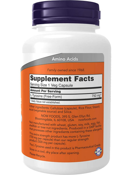 NOW Foods, L-Tyrosine 750 mg, Extra Strength, 90 veg capsules