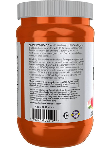 NOW Foods, BCAA Big 6 Powder, Natural Watermelon Flavor, 600 grams