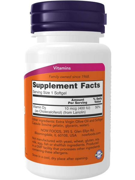 NOW Foods, Vitamin D-3 400 IU, 180 softgels