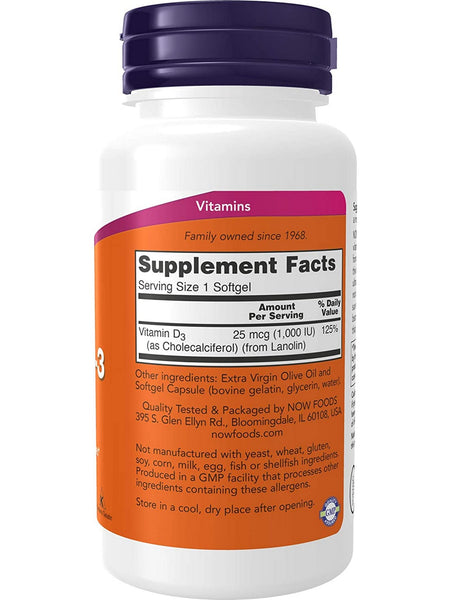 NOW Foods, Vitamin D-3 1000 IU, 180 softgels