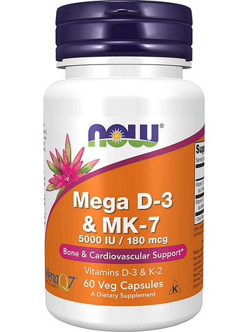 NOW Foods, Mega D-3 & MK-7 5000 IU/180 mcg, 60 veg capsules