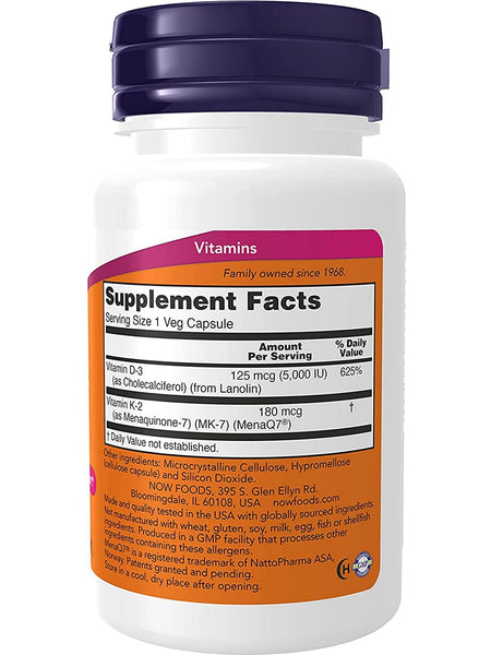 NOW Foods, Mega D-3 & MK-7 5000 IU/180 mcg, 60 veg capsules