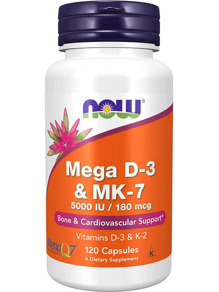 NOW Foods, Mega D-3 & MK-7 5000 IU/180 mcg, 120 capsules