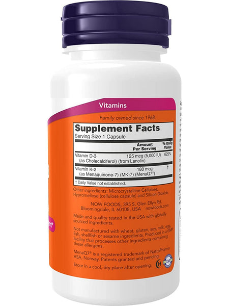 NOW Foods, Mega D-3 & MK-7 5000 IU/180 mcg, 120 capsules