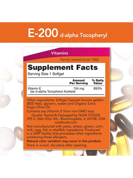 NOW Foods, E-200 D-Alpha Tocopheryl, 100 softgels