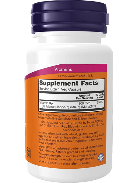 NOW Foods, MK-7 Vitamin K-2, Extra Strength 300 mcg, 60 veg capsules