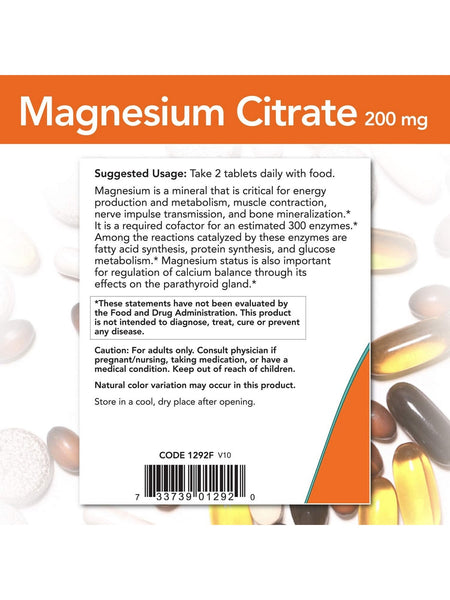 NOW Foods, Magnesium Citrate 200 mg, 250 tablets