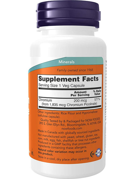 NOW Foods, Chromium Picolinate 200 mcg, 100 veg capsules