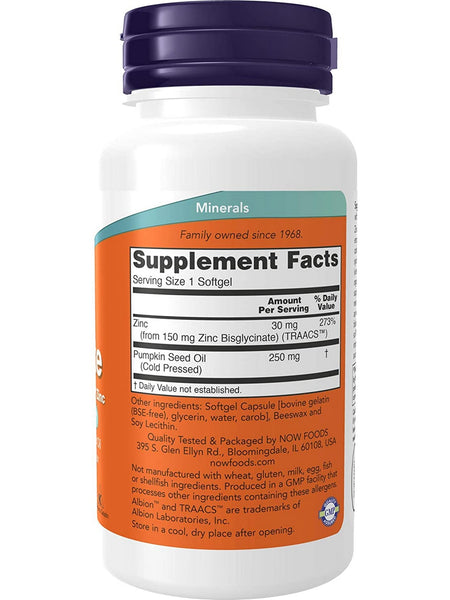 NOW Foods, Zinc Glycinate 30 mg Albion™ TRAACS™ Zinc, 120 softgels