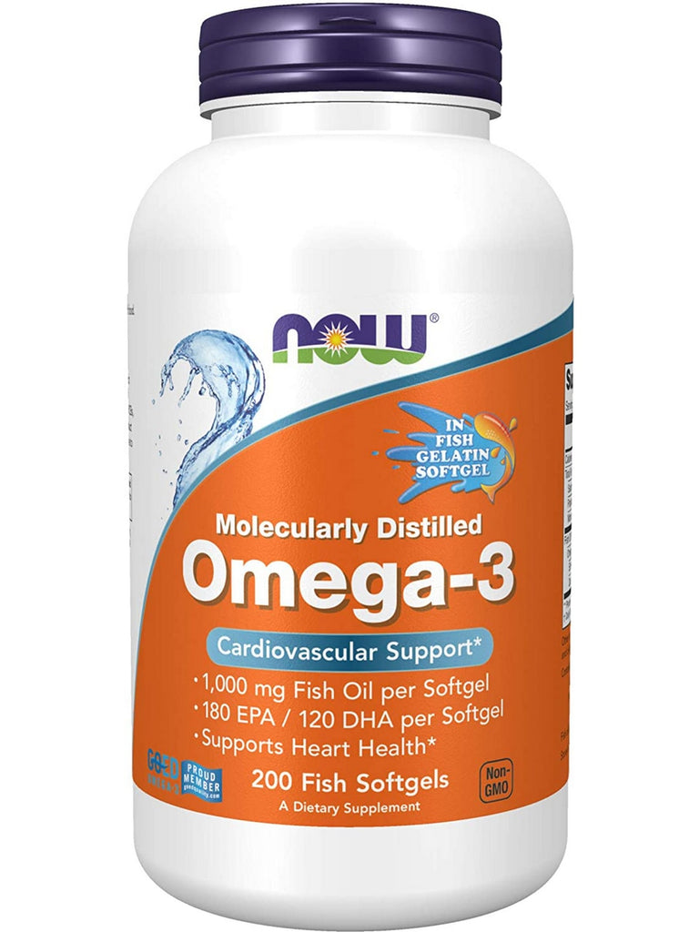 NOW Foods, Omega-3, Molecularly Distilled, 200 fish softgels