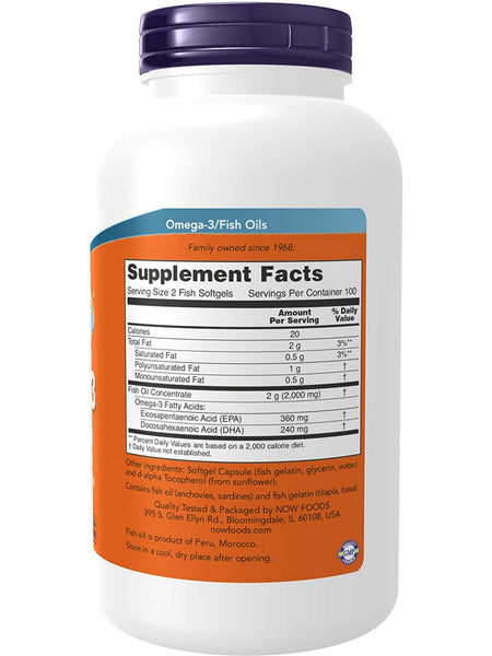 NOW Foods, Omega-3, Molecularly Distilled, 200 fish softgels