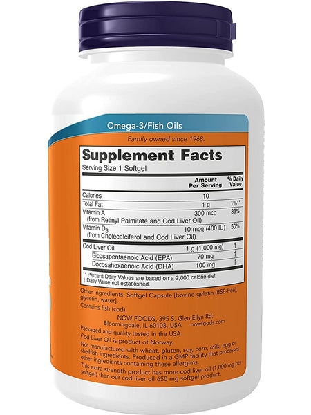 NOW Foods, Cod Liver Oil, Extra Strength 1,000 mg, 180 softgels