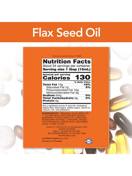 NOW Foods, Flax Seed Oil Liquid, Organic, 12 fl oz