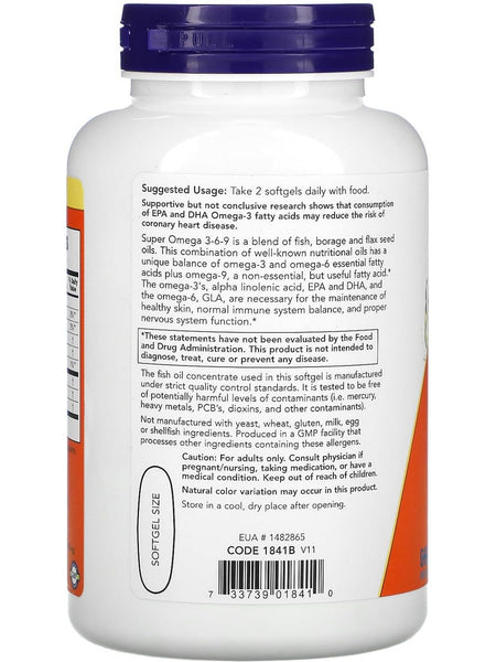 NOW Foods, Super Omega 3-6-9 Fish Oil, 180 Softgels