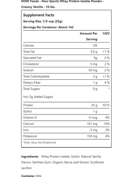 NOW Foods, Whey Protein Isolate, Creamy Vanilla Powder, 10 lbs