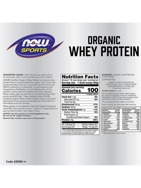 NOW Foods, Whey Protein, Organic Unflavored Powder, 1 lb