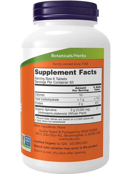 NOW Foods, Spirulina 500 mg, Organic, 500 tablets