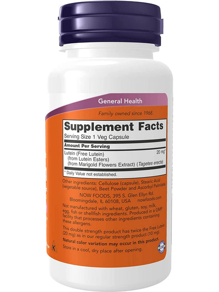 NOW Foods, Lutein, Double Strength 20 mg, 90 veg capsules