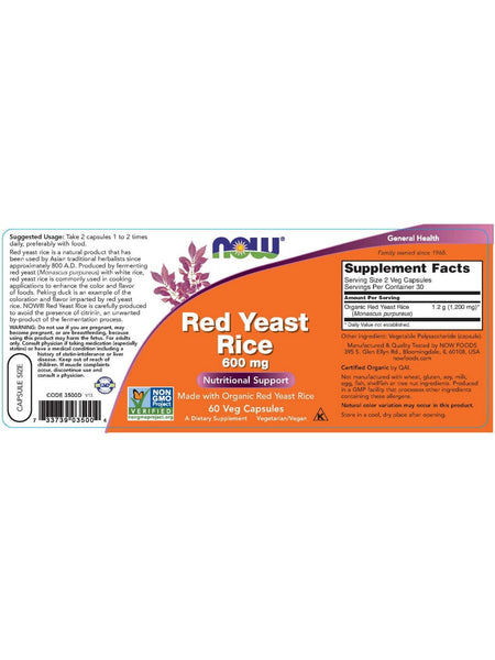 NOW Foods, Red Yeast Rice 600 mg, 60 veg capsules