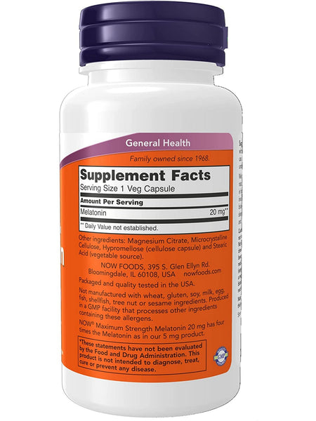 NOW Foods, Melatonin 20 mg, Maximum Strength, 90 veg capsules