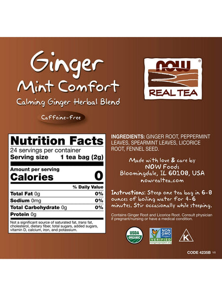 NOW Foods, Ginger Mint Comfort, Calming Ginger Herbal Blend, 24 tea bags