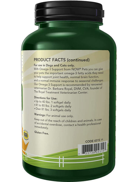 NOW Foods, Omega-3 Support for Dogs/Cats, 180 softgels