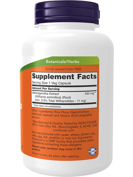 NOW Foods, Ashwagandha 450 mg, Standardized Extract, 180 veg capsules