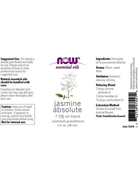 NOW Foods, Jasmine Absolute, 7.5% Oil Blend, 1 fl oz