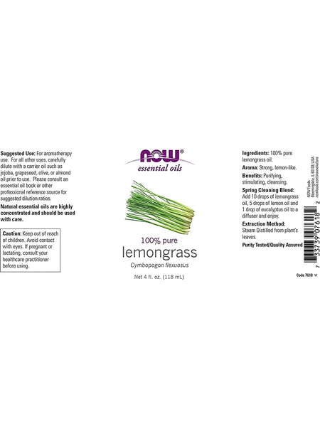 NOW Foods, Lemongrass Oil, 100% Pure, 4 fl oz