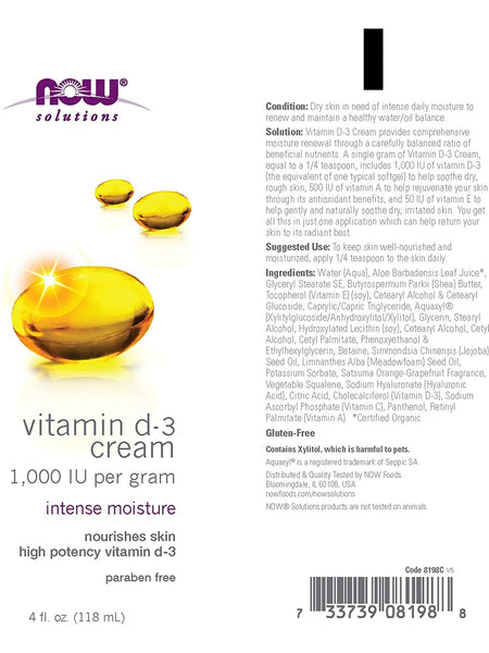NOW Foods, Vitamin D-3 Cream 1,000 IU per gram, 4 fl oz