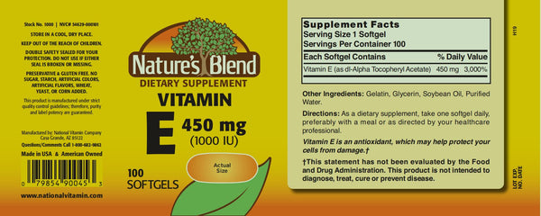 Nature's Blend, Vitamin E, 450mg (1000IU), 100 Softgels