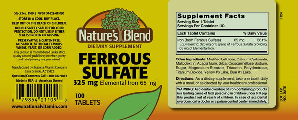 Nature's Blend, Ferrous Sulfate (325mg) Elemental Iron 65 mg, 100 Tablets