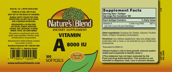 Nature's Blend, Vitamin A 8,000 Units, 100 Softgels